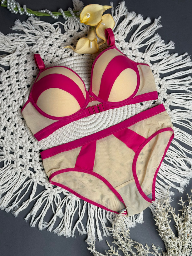 ست شورت و سوتین اسفنجی نیم جک صورتی